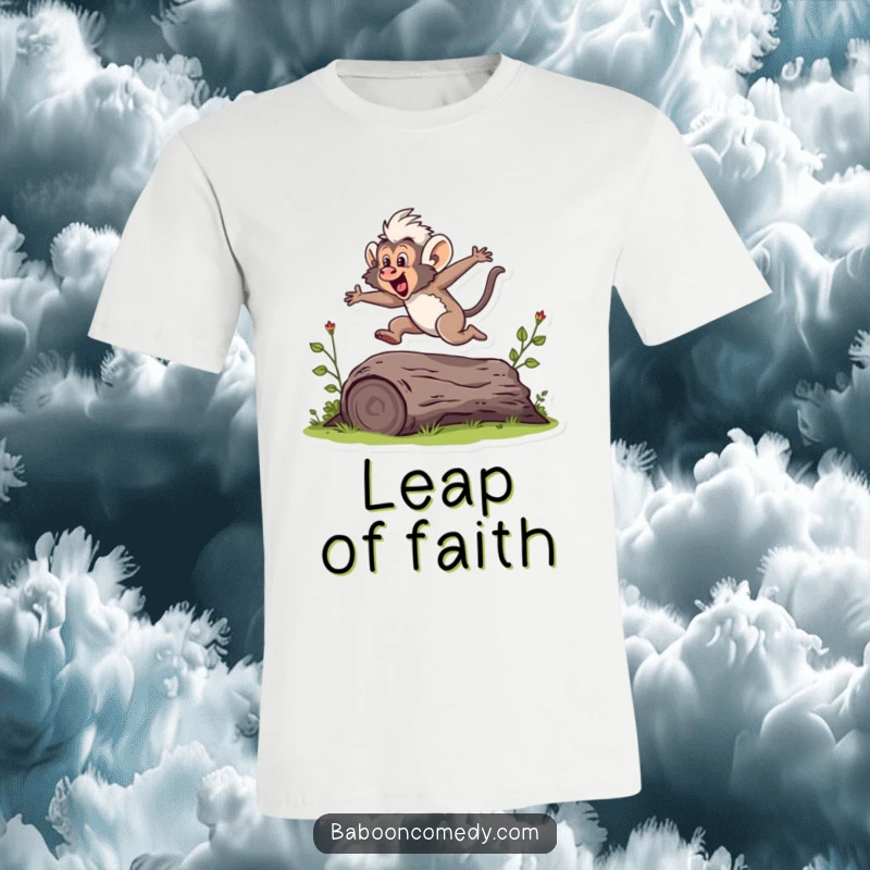 Funny t-shirt featuring a baboon in a dynamic pose, powerfully jumping over a small log, showcasing agility and fun.