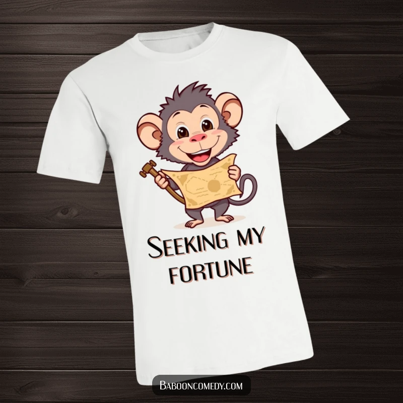 Funny baboon t-shirt featuring a character with a treasure map and a grin, ready for adventure, a cool funny gift.