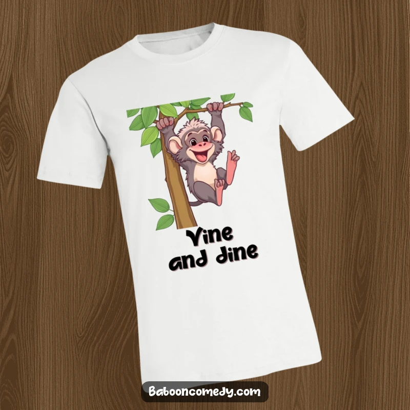 Funny baboon character joyfully swinging from a thick vine, depicted on a comfortable t-shirt. Excellent for outdoor enthusiasts and primate fans.