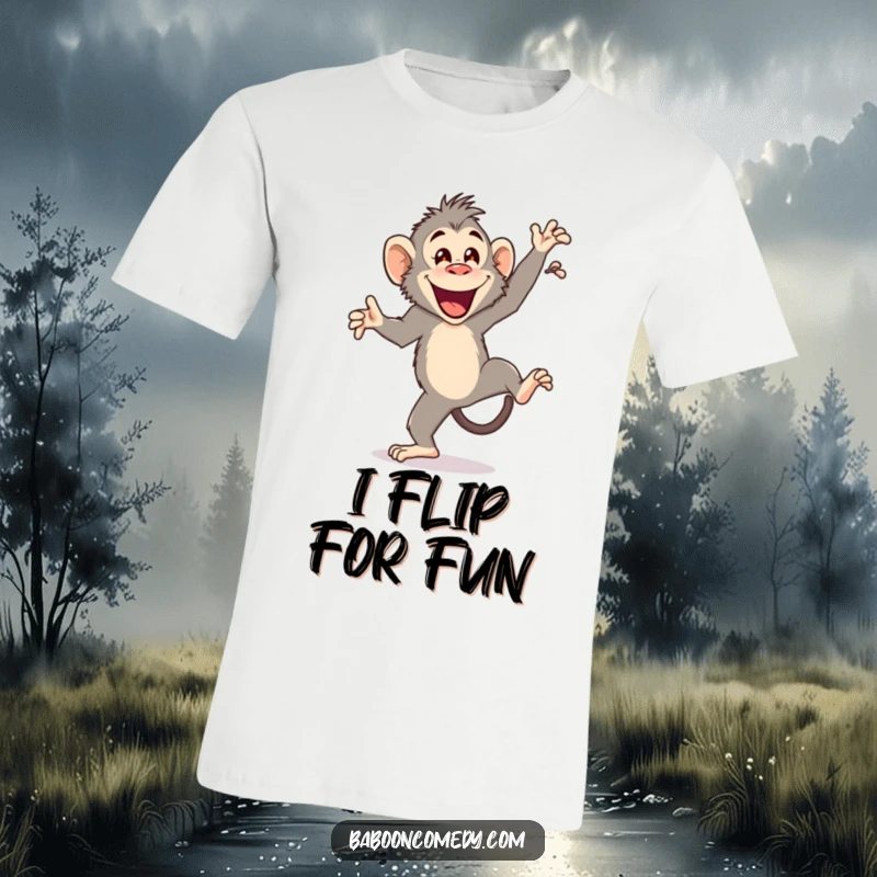 Funny t-shirt with a cheerful baboon mid-cartwheel, arms up in a happy flourish, embodying pure primate joy and athletic silliness.