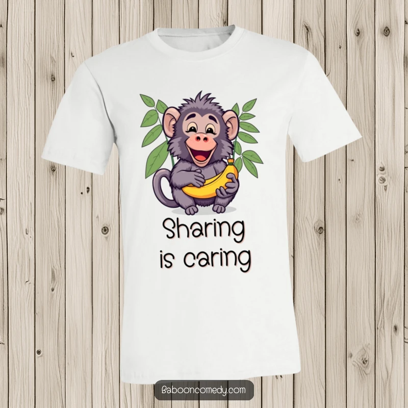 Funny Kawaii Baboon T-Shirt, depicting a cute baboon excitedly sharing a bunch of ripe bananas with an open palm.