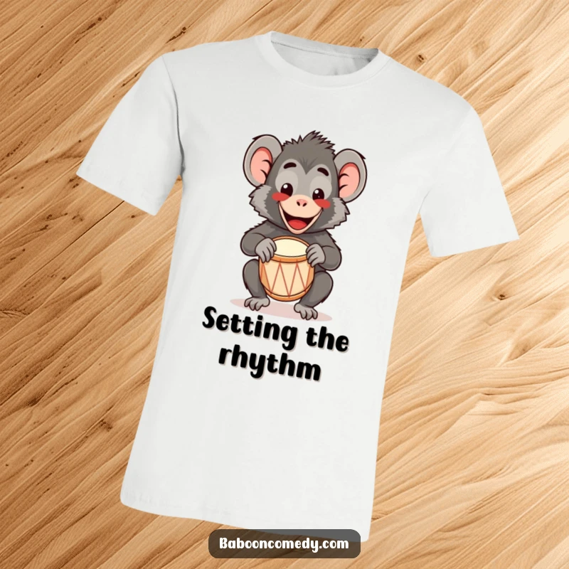 Funny Kawaii Baboon T-Shirt: A happy kawaii baboon plays a tiny drum with a wide smile, embodying pure joy and cuteness.