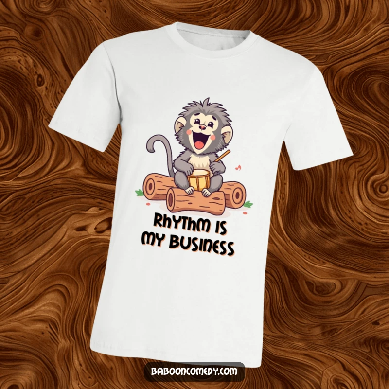 Funny Kawaii baboon t-shirt, depicted excitedly drumming on hollow logs, radiating a happy, energetic, and rhythmic vibe.
