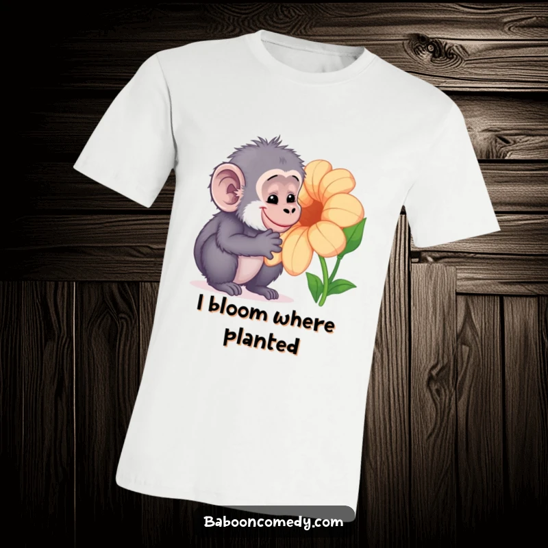 Funny Kawaii baboon t-shirt, depicted curiously examining a large, colorful flower with a gentle, happy smile, showcasing nature's beauty.