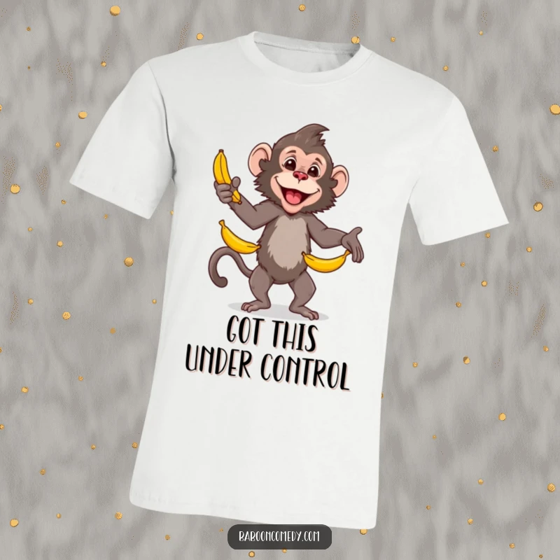 Funny baboon t-shirt, a primate with incredible juggling skills tossing bananas high in the air with a cheerful demeanor.
