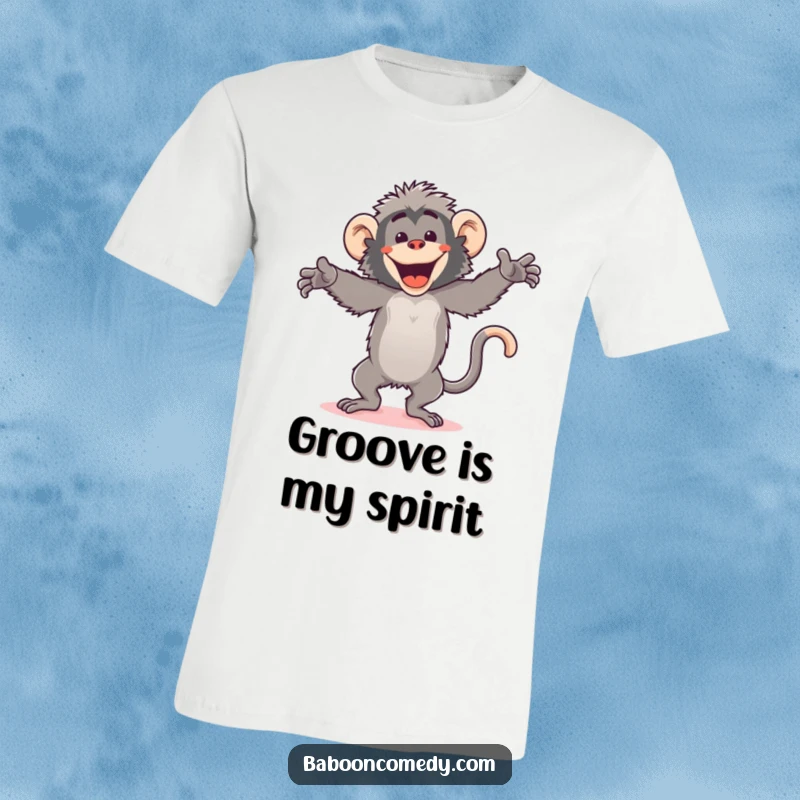 Funny kawaii baboon wearing a t-shirt, doing a silly, energetic dance with arms flailing and a big, happy grin.
