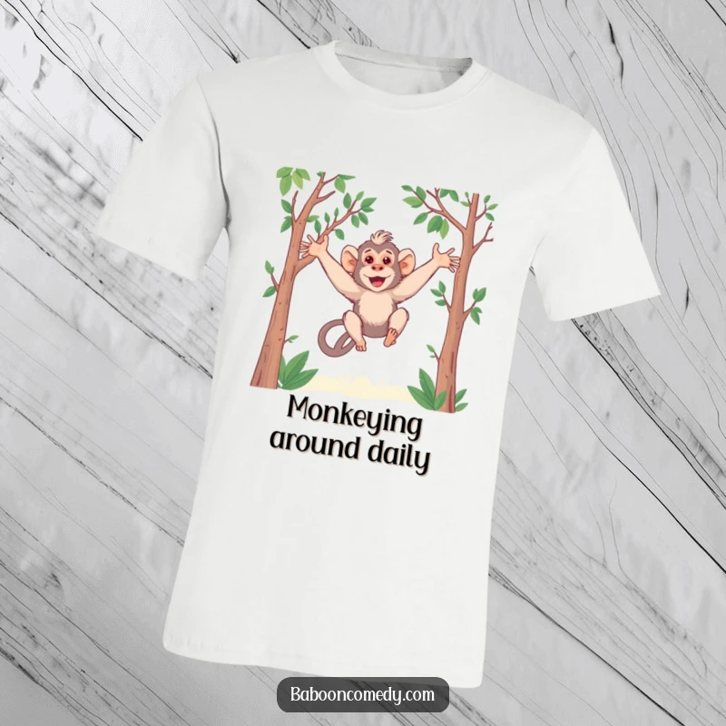 Funny Kawaii Baboon T-Shirt: A cute baboon with extremely long arms playfully swings through trees. Whimsical and fun primate design.