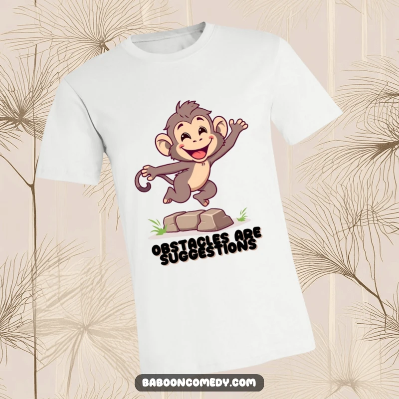 Funny t-shirt showing an energetic baboon leaping over an obstacle with a wide grin, capturing dynamic primate movement and joyful effort.