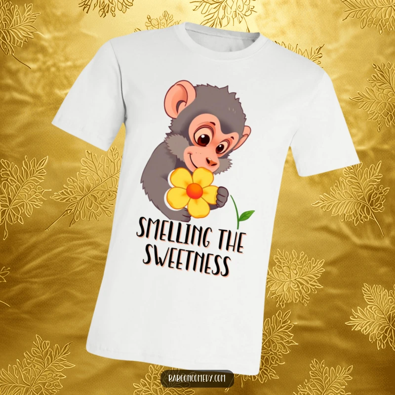 Funny baboon character curiously examining a bright, colorful flower, printed on a soft t-shirt. Ideal for nature explorers and botanists.