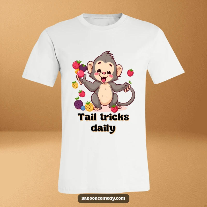 Funny kawaii baboon t-shirt, an energetic primate artistically juggling a cascade of colorful berries using its tail with playful skill.