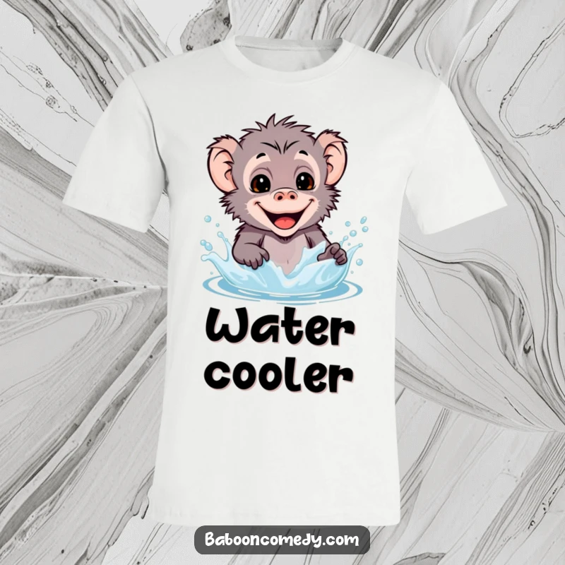 Funny kawaii baboon t-shirt image of a cheerful primate gleefully splashing water with a big, happy grin.