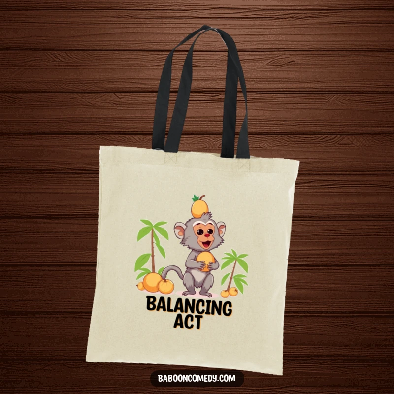 Funny kawaii baboon tote bag design of a primate attempting to balance coconuts on its head while shopping.
