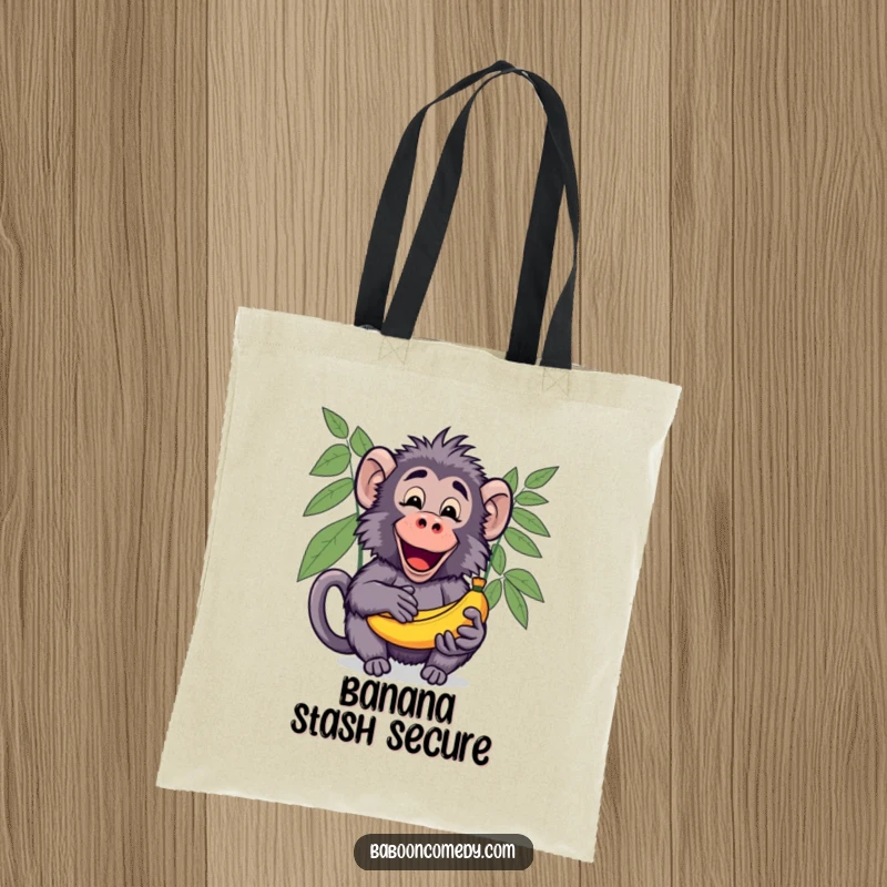 Funny Kawaii Baboon Tote Bag, depicting a cute baboon excitedly sharing a bunch of ripe bananas with an open palm.