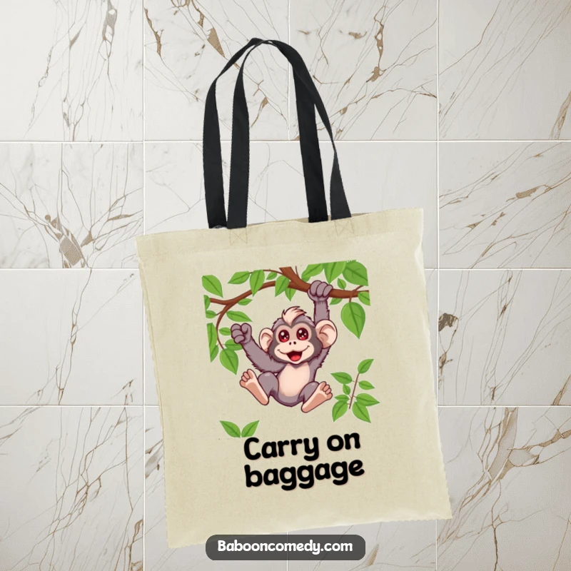 Funny kawaii baboon tote bag design of a primate swinging on a vine, perfect for carrying groceries or adventure gear.