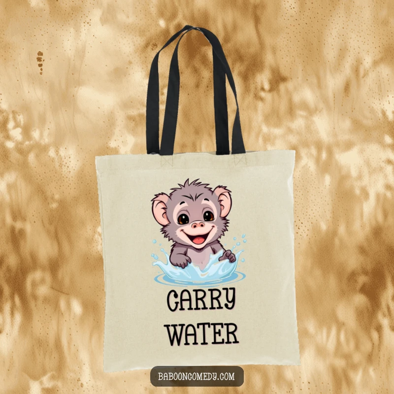 Funny kawaii baboon tote bag design of a happy primate splashing water, perfect for beach trips or market runs.