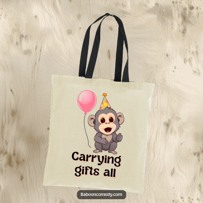 Funny tote bag with a surprised baboon in a party hat holding a balloon, perfect for carrying party supplies with a smile.