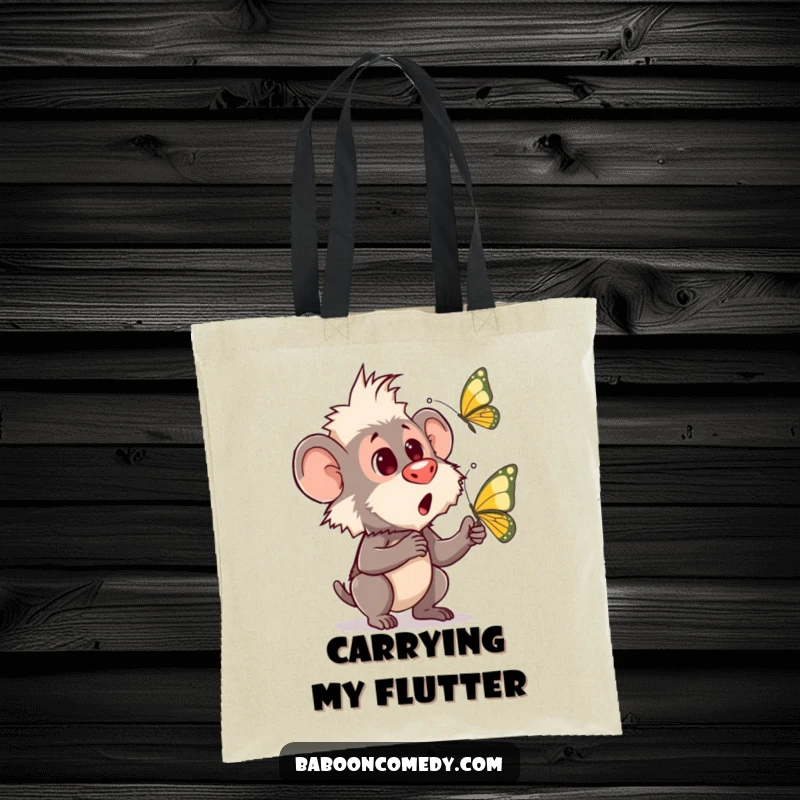 Funny tote bag illustrating a baboon’s comical surprise as a butterfly flutters unexpectedly close, capturing a candid moment.