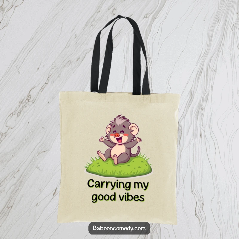 Funny Kawaii Baboon Tote Bag: Cute baboon captured in a joyous slide down a grassy slope, perfect for carrying your fun.
