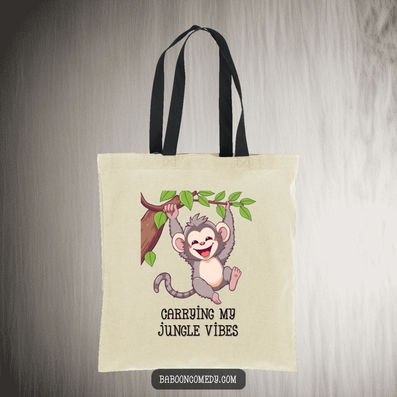 Funny kawaii baboon tote bag featuring a cheerful primate swinging from a vine, a delightful and humorous accessory for daily errands.