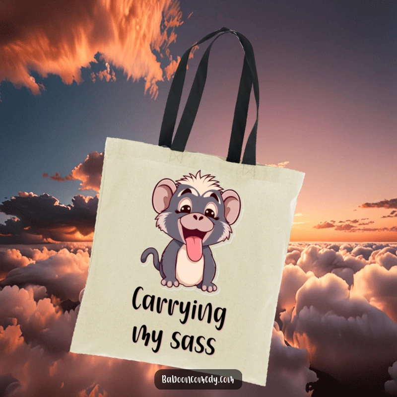 Funny Kawaii baboon tote bag, featuring a cute baboon making a humorous face and sticking its tongue out provocatively.