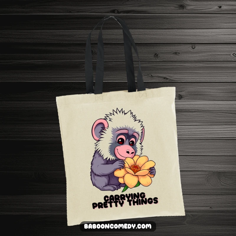 Funny kawaii baboon tote bag, carrying a colorful flower, curiously examining its petals with a gentle smile.