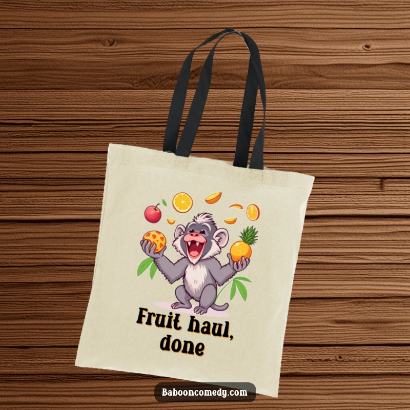 Funny Kawaii baboon tote bag, depicting a gleeful primate tossing tropical fruits in the air and catching them, perfect for sunny days.