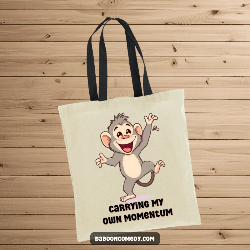 Funny tote bag showcasing a joyful baboon expertly doing a cartwheel, with a happy flourish, adding primate-themed humor to everyday use.