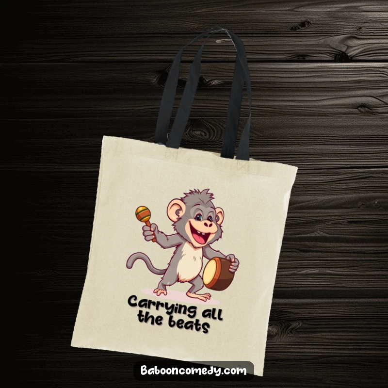 Funny tote bag with a joyful baboon dancing energetically with a drum and maracas, perfect for carrying party essentials.