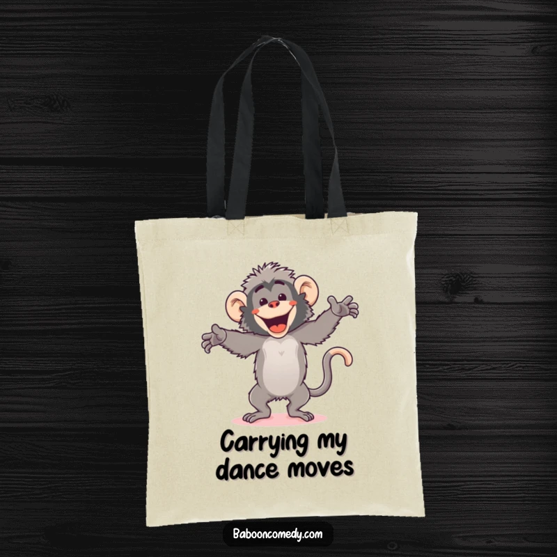 Funny kawaii baboon tote bag, dancing energetically with arms flailing, carrying a smile and good vibes.