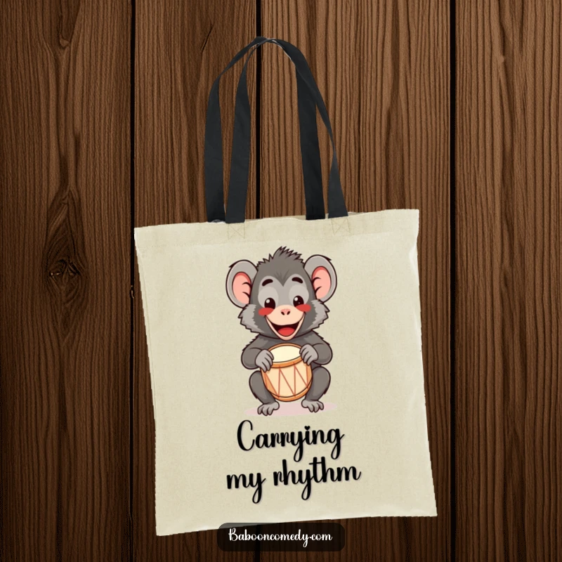 Funny Kawaii Baboon Tote Bag: A happy kawaii baboon plays a tiny drum with a wide smile, perfect for carrying essentials cutely.