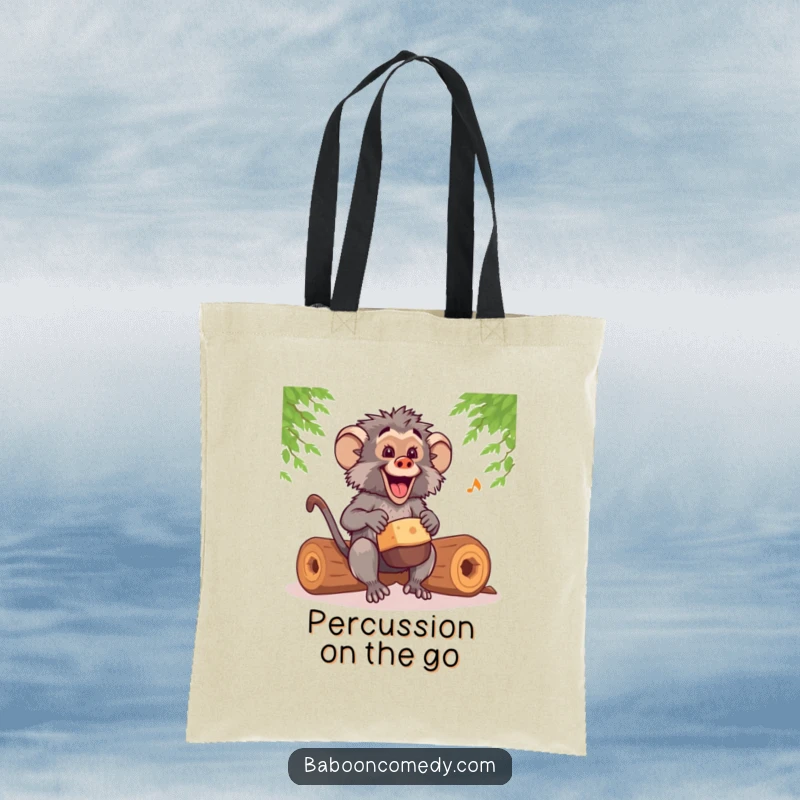 Funny kawaii baboon drummer tote bag, carrying rhythm and smiles, drumming happily on imaginary logs, super cute and funny.