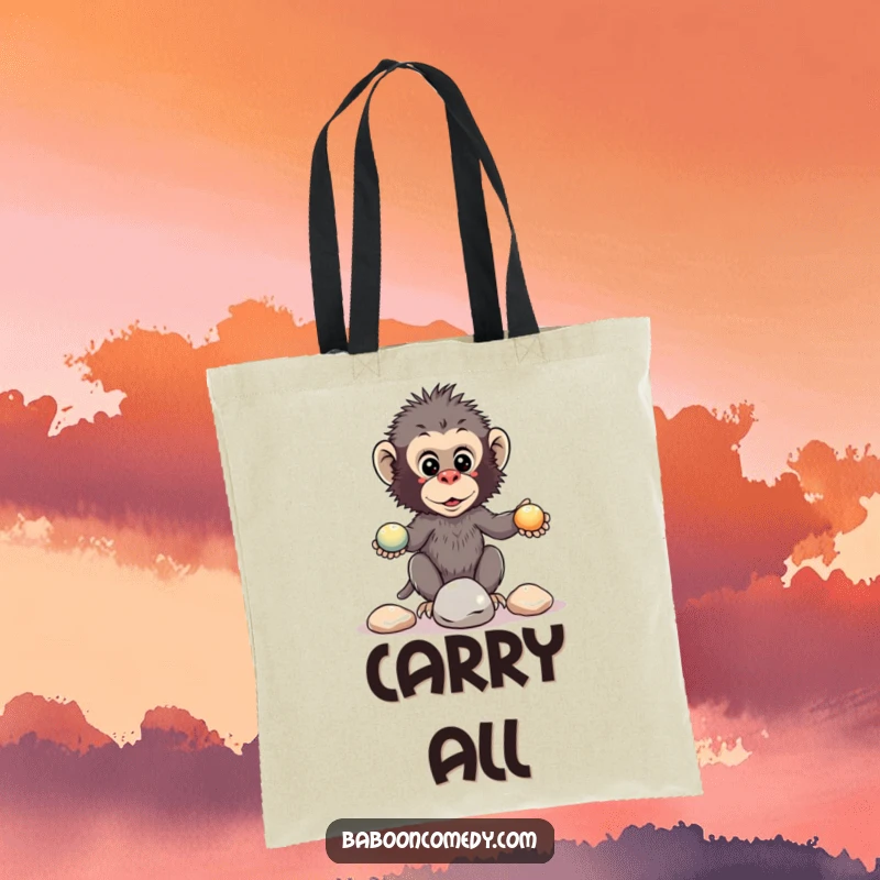 Funny kawaii baboon tote bag design of a primate attempting to juggle pebbles, perfect for carrying daily items.