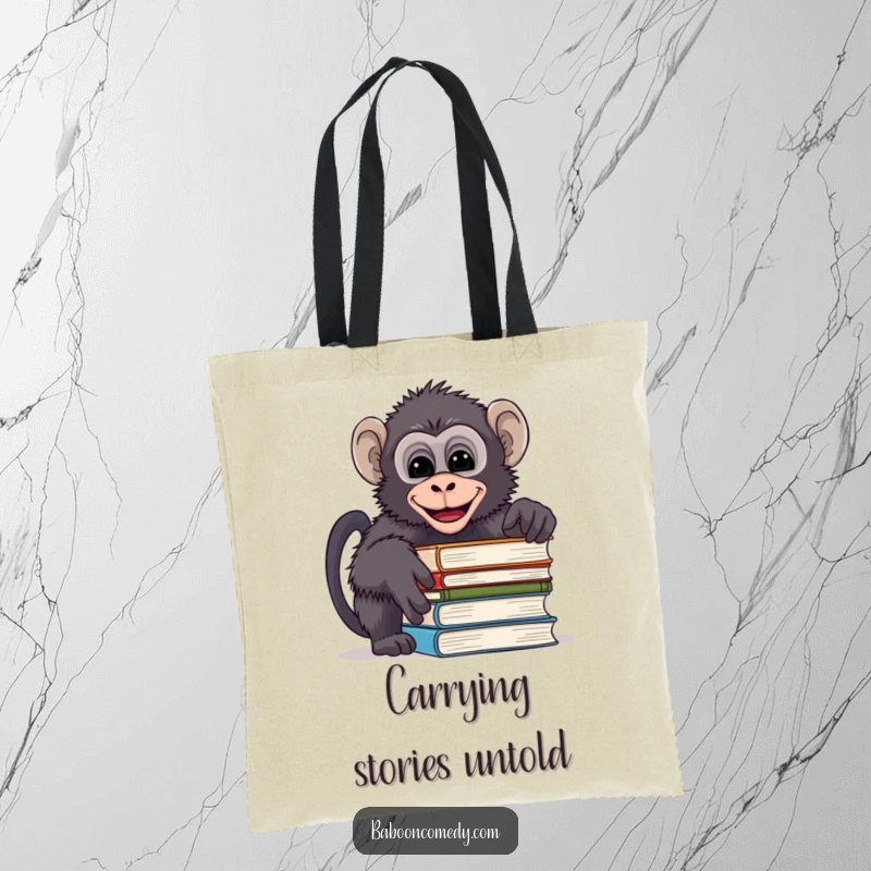 Funny tote bag with a mischievous baboon peeking over books and giggling, ideal for carrying library finds and adventures.
