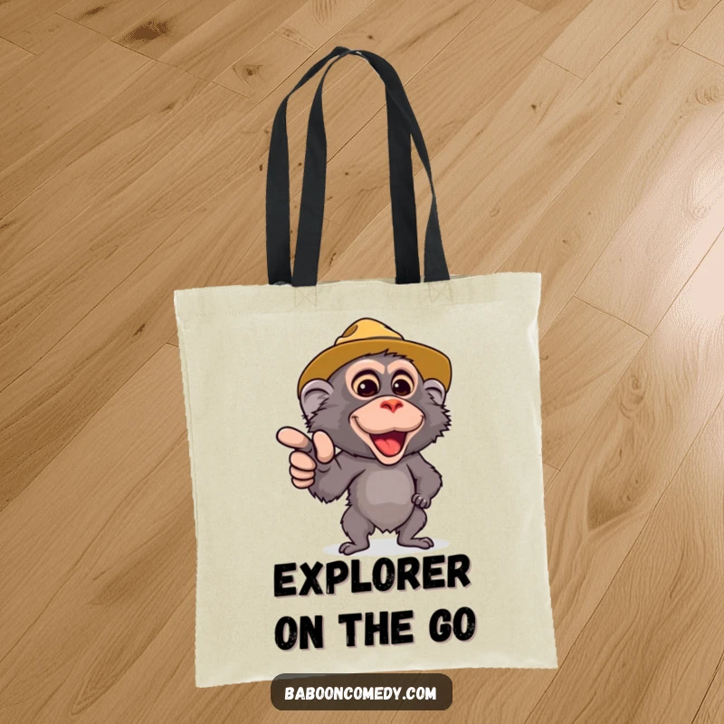 Funny Safari Baboon Tote Bag: A cute baboon in a safari hat points forward. Practical and amusing for daily use.