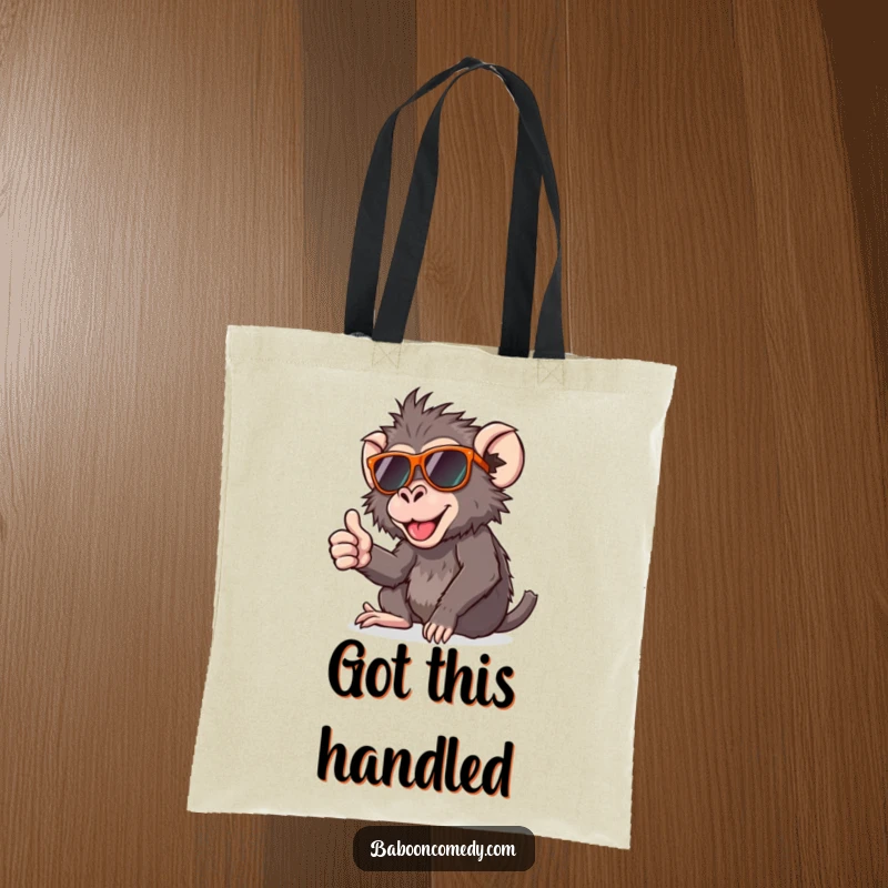 Funny tote bag showcasing a cool baboon in sunglasses giving a thumbs up, ideal for fun and functional everyday use.