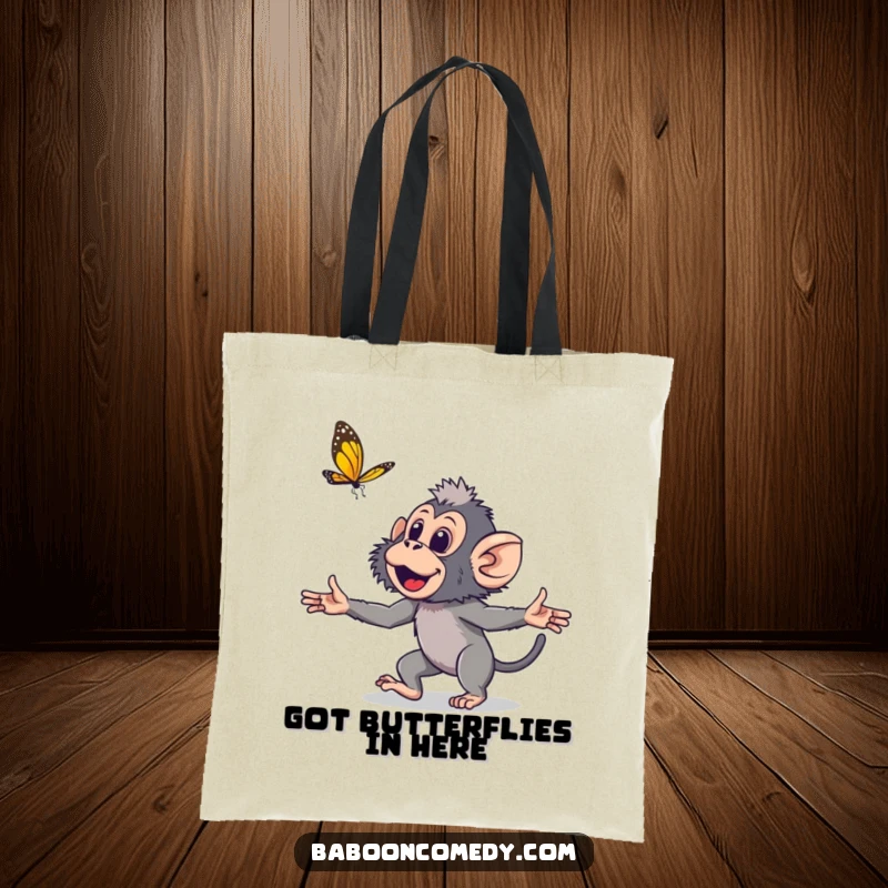 Funny young baboon tote bag, a small primate with arms outstretched, playfully chasing a butterfly, perfect for carrying your daily joys.