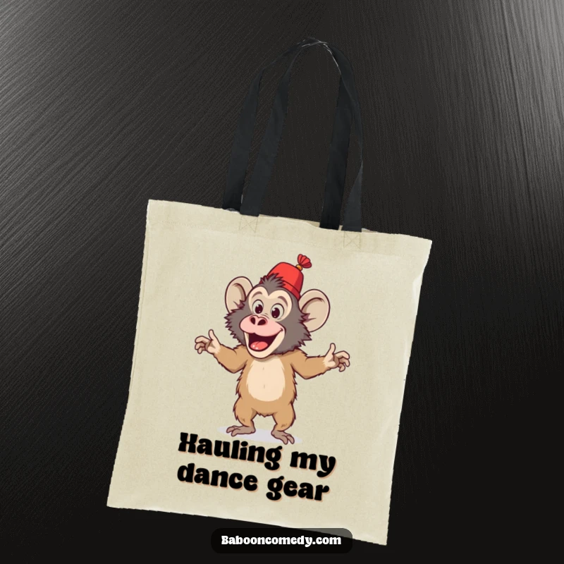 Funny tote bag featuring a playful baboon in a fez doing a silly dance, a vibrant and practical accessory for daily use.