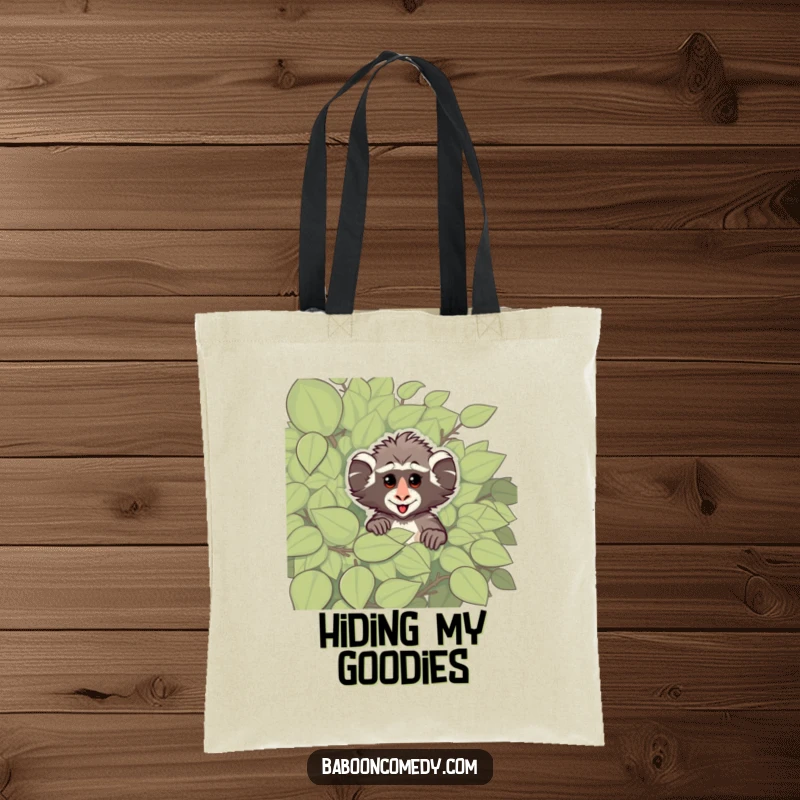 Funny tote bag showcasing a cheeky baboon peeking from behind a leafy bush, offering ample space and primate-themed playful humor.