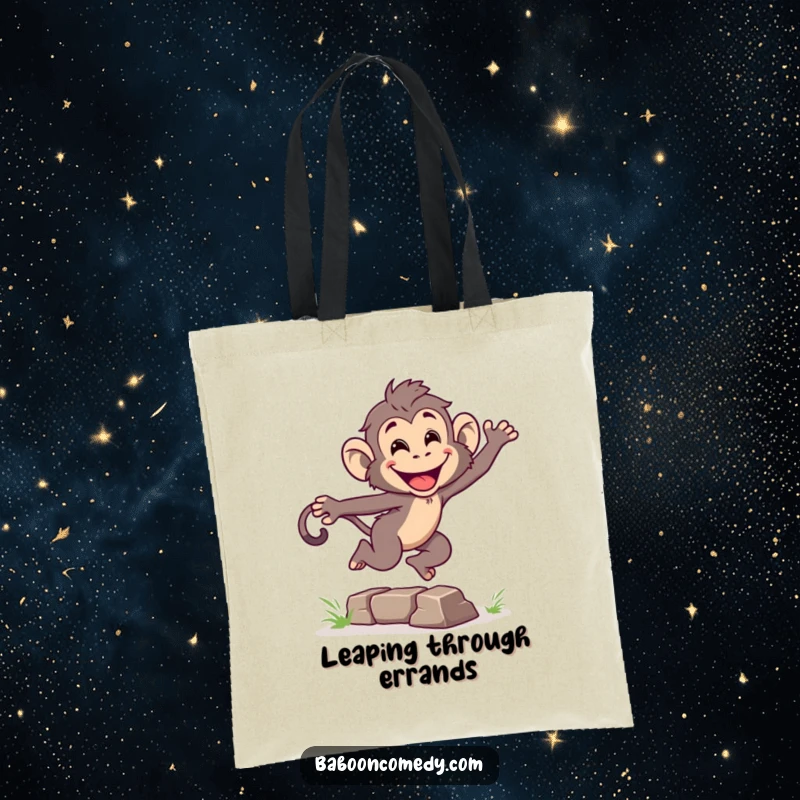 Funny tote bag with an energetic baboon leaping over an obstacle with a grinning expression, perfect for carrying items with primate humor.