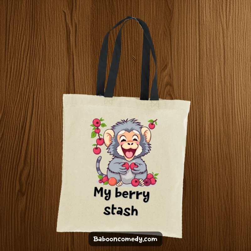 Funny tote bag depicting a friendly baboon enthusiastically sharing a heap of berries with its cheerful friend, a symbol of giving.