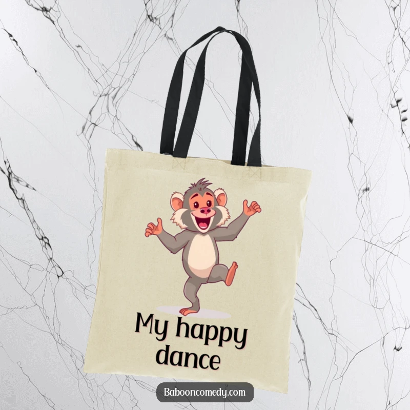 Funny kawaii baboon tote bag, an energetic primate doing a silly dance on its hind legs, perfect for carrying essentials and fun.