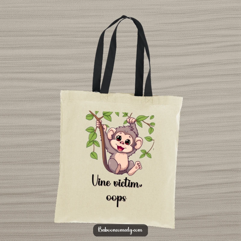 Funny Kawaii baboon tote bag, showing a happy primate swinging from a vine, full of delight and playful energy, practical and amusing.
